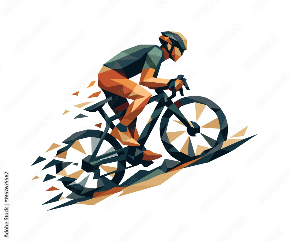 Naklejka premium Polygonal Cyclist Ascent. Low-poly vector illustration of a cyclist climbing a mountain, faceted athlete figure built from sharp