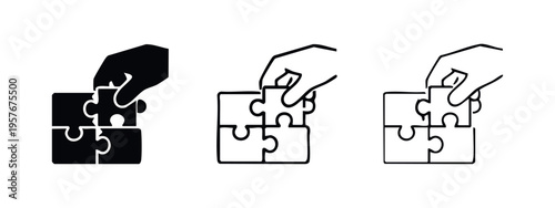 Hand placing a puzzle piece icon set. Concept of problem solving, integration, and finding a solution.