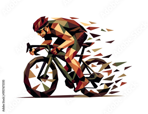 Low-poly vector illustration of a cyclist launching a sprint attack, faceted athlete figure built from sharp triangular polygon