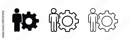 Man standing next to a gear icon set. Symbolizing settings, management, and mechanical processes.