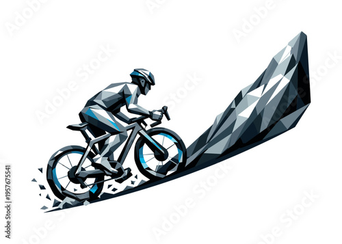Low-poly vector illustration of a cyclist approaching a steep mountain incline, angular faceted body leaning forward with