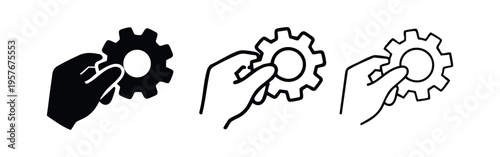 Hand holding a gear icon in three different styles, symbolizing control, management, and settings.