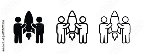 People holding a rocket icon in various styles, symbolizing startup launch, innovation, and teamwork.