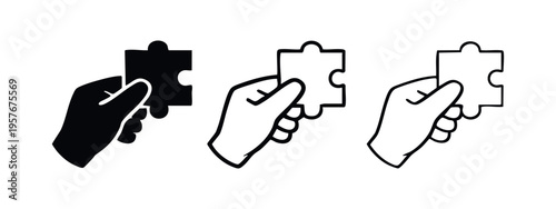 Hand holding a jigsaw puzzle piece icon in various styles, representing problem-solving and finding a solution.