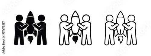 People holding a rocket icon in various styles, symbolizing startup launch, innovation, and teamwork.