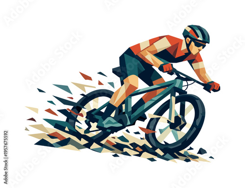 Low-poly vector illustration of a cyclist powering across gravel terrain, faceted triangular limbs extended while explosive