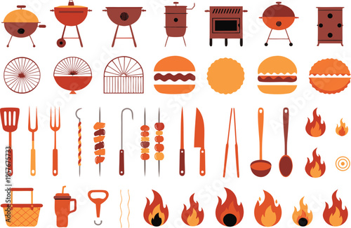Collection of various barbecue equipment tools and tasty food items for summer outdoor cooking Vector