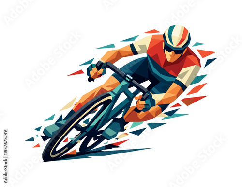 Low-poly vector illustration of a cyclist at full tilt through the corner apex, faceted triangular limbs extended while explosive