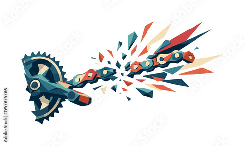 Explosive Chain Break. Low-poly vector illustration of a bike chain snapping violently during a ride, faceted triangular links