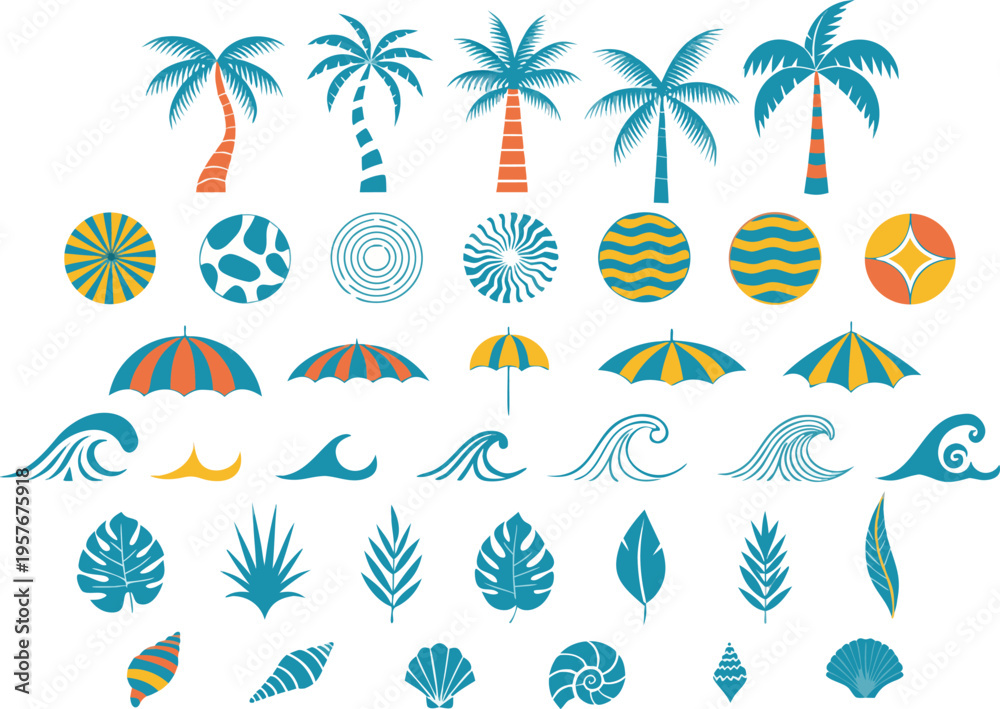 Obraz premium Collection of decorative summer vacation icons featuring palm trees waves shells and beach gear Vector