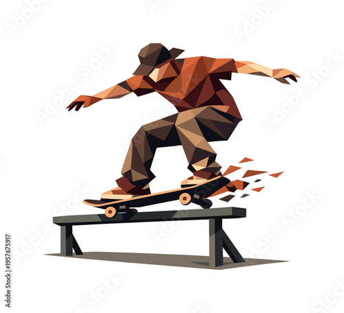 Low-poly vector illustration of a skateboarder performing a rail grind, faceted skater figure built from sharp triangular polygon