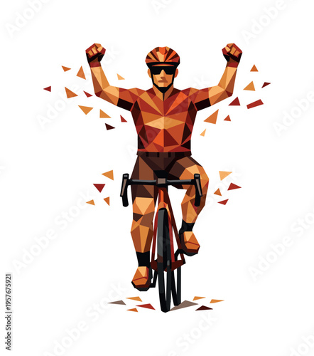 Low-poly vector illustration of a cyclist stabilizing after the finish line throw, angular faceted body upright with crisp