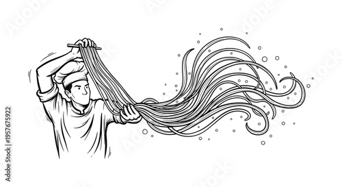 Dynamic Minimalist Line Art of a Professional Chef Hand-Pulling Fresh Noodle Dough with Flour Dust Splatter, Elegant Black and White Vector Illustration for Italian or Asian Culinary Menu Design.