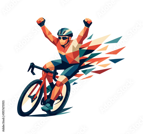 Cyclist's Triumphant Finish. Low-poly vector illustration of a cyclist executing a finish line throw, faceted triangular limbs