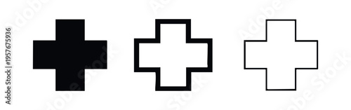 Medical cross or plus sign icon set in three styles, isolated on white background. Vector illustration for design.