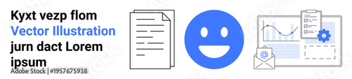 Business management, analytics, data processing, communication, productivity tools, and teamwork. Document, happy face chart with gear and email icon. Business management and analytics concepts