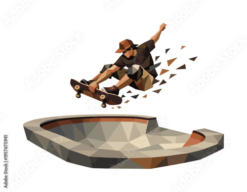 Low-poly vector illustration of a skateboarder performing a bowl aerial, faceted skater figure built from sharp triangular
