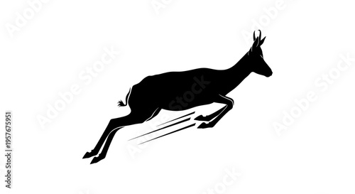 Minimalist Black Silhouette of a Wild Antelope or Gazelle Jumping in Mid-Air with Motion Lines, Elegant Nature Vector Illustration for Sportswear Branding, Wildlife Conservation, and Modern Logo Desig