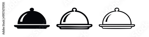 Covered serving platter or cloche icon set in three styles, isolated on white background. Vector illustration for design.