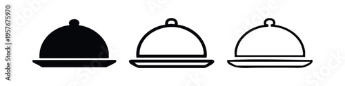 Round serving cloche or food cover icon set in three styles, isolated on white background. Vector illustration for design.
