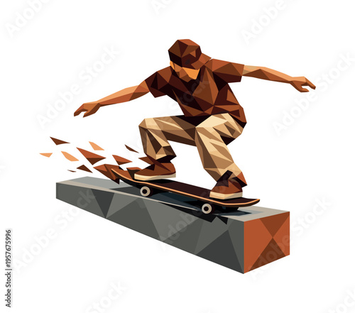 Low-poly vector illustration of a skateboarder performing a street slide, faceted skater figure built from sharp triangular