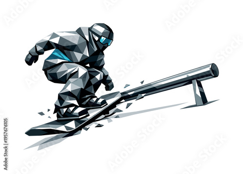 Futuristic Snowboarder Slide. Low-poly vector illustration of a snowboarder approaching a rail for a slide, angular faceted body