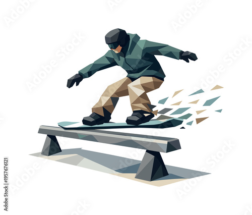 Low-poly vector illustration of a snowboarder performing a rail slide, faceted athlete figure built from sharp triangular polygon