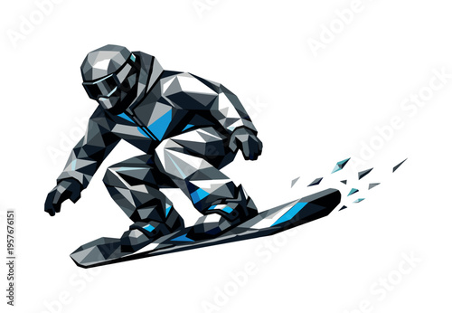 Low-poly vector illustration of a snowboarder approaching a carve landing, angular faceted body crouched slightly with triangular