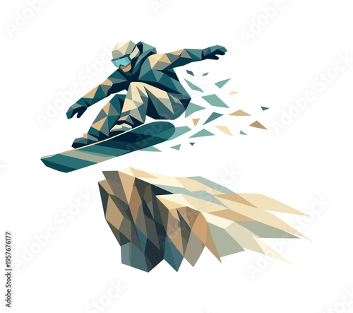 Low-poly vector illustration of a snowboarder launching off a cliff, faceted athlete figure built from sharp triangular polygon