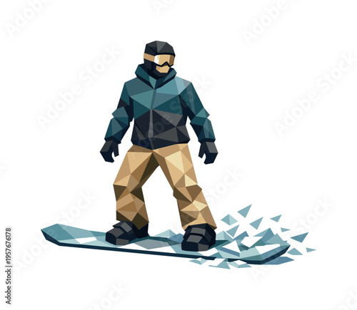 Low-poly vector illustration of a snowboarder stabilizing after navigating the icy edge, angular faceted body upright with crisp