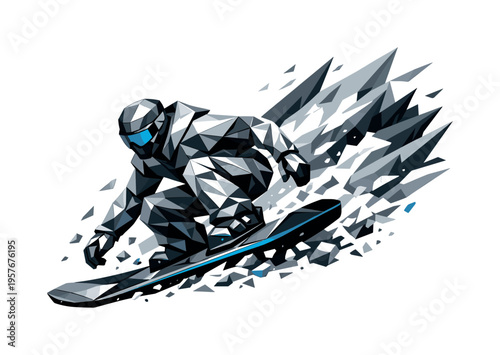 Low-poly vector illustration of a snowboarder approaching a stormy section, angular faceted body crouched low with triangular