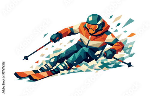 Low-poly vector illustration of a skier maneuvering through falling snow, angled body carving aggressively down slope, faceted