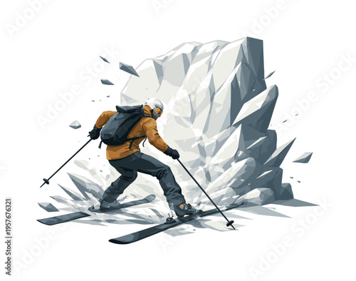 Low-poly vector illustration of a skier blocked by a huge snow wall mid-escape, body twisted with angular tension, polygon shards