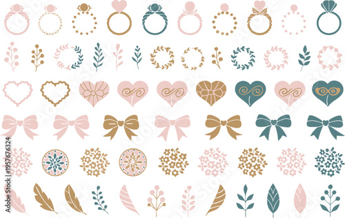 A collection of wedding themed vector icons including engagement rings, floral wreaths and bows Vector