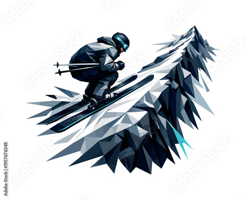 Low-poly vector illustration of a skier approaching a narrow ridge, crouched low with sharply angled skis, faceted snow and rock