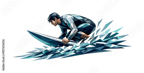 Low-poly vector illustration of a surfer preparing to duck dive, crouched low on the board with angular arms pressing down,