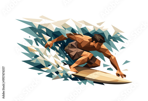Low-poly vector illustration of a surfer navigating the turbulence beneath a wave, body twisted with sharp geometric tension,