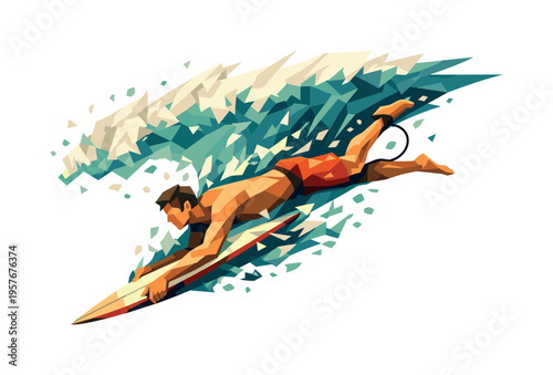 Surfer Under Wave. Low-poly vector illustration of a surfer actively plunging under a breaking wave, body stretched in dynamic