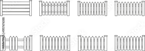 Set of wooden picket fence vector illustrations with black outline, minimal linear style, garden boundary designs, decorative panels collection isolated on white background