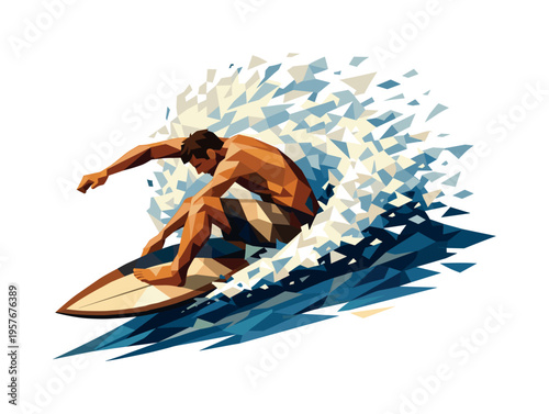 Low-poly vector illustration of a surfer performing a powerful cutback, body twisted with sharply faceted limbs, surfboard angled