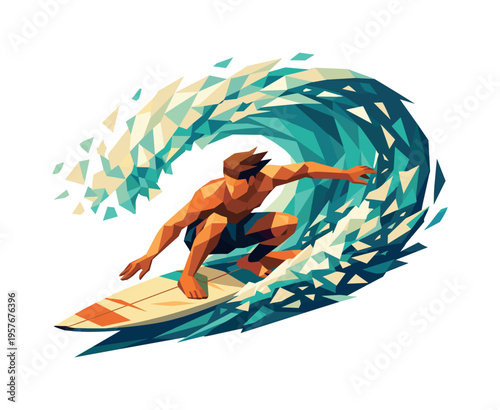 Low-poly vector illustration of a surfer carving through the barrel, body leaning sharply with faceted limbs, diagonal dynamic