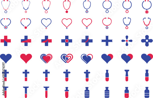 Set of minimalist medical icons featuring stethoscopes hearts crosses and laboratory equipment Vector