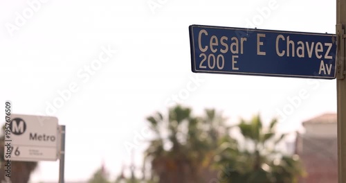 Los Angeles, California, USA - March 23, 2026: An avenue street sign named in honor of Cesar E Chavez hangs over a downtown street.
