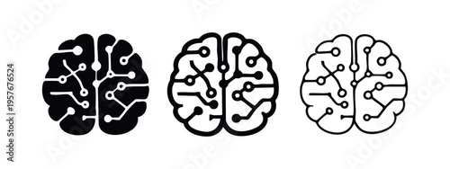 Artificial intelligence brain circuit icon set for machine learning and digital intellect