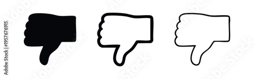 Thumbs down icon set in solid, bold outline, and thin outline styles. Dislike and negative feedback symbol.