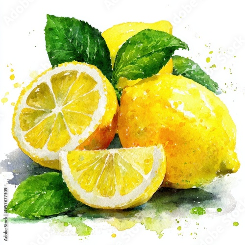 Whole and sliced lemons with leaves in watercolor splatter