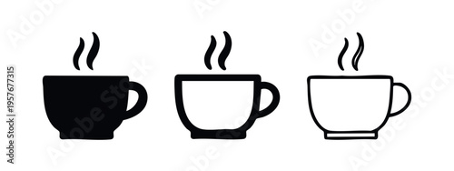 Hot Coffee or Tea Cup Icons Set with Steam, Steaming Beverage Symbols