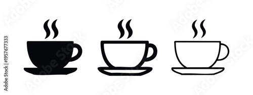Steaming Coffee or Tea Cup with Saucer Icons Set, Cafe Beverage Symbols