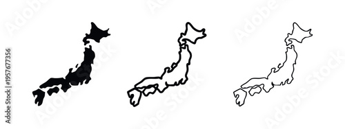 Japan Map Icons Set, Japanese Archipelago Country Outline and Travel Symbols