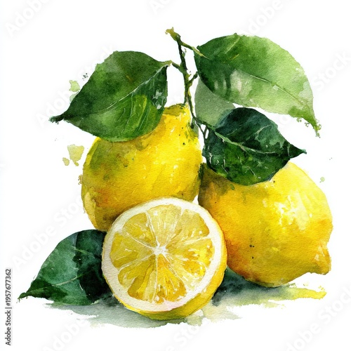 Three lemons with leaves and sliced half on white background